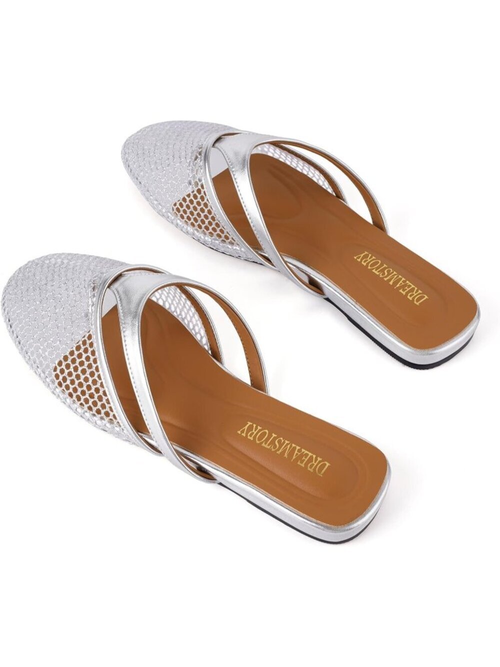Women's Mesh Silver Open Round Toe Flip Flops Comfy Slip on Flats Sandals - Picture 5 of 6